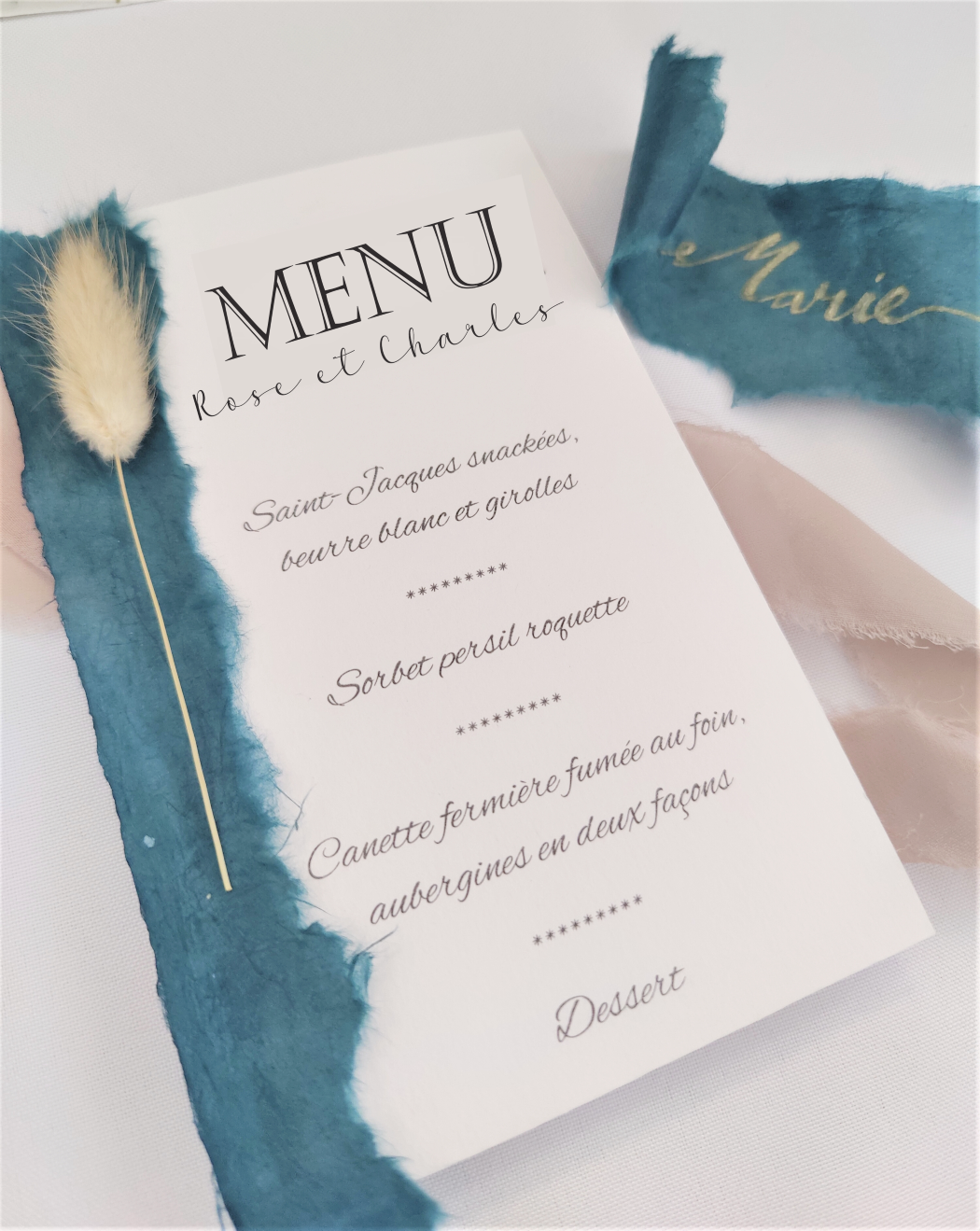 menu de mariage haut de gamme papier coton élégant bleu canard artisanal fait main